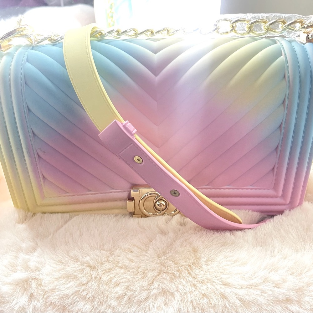 Pastel rainbow jelly purse with gold chain